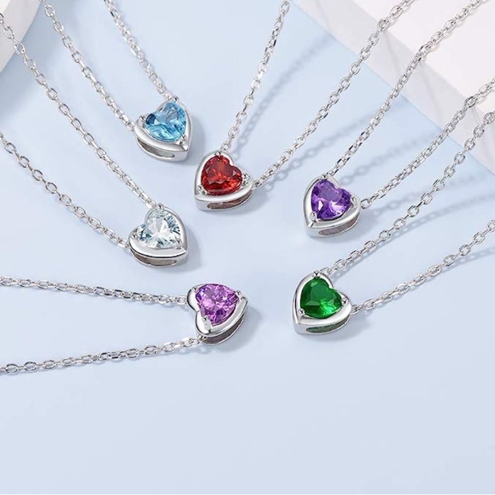 Suplight Dainty 925 Sterling Silver Birthstone Heart Crystal Necklace